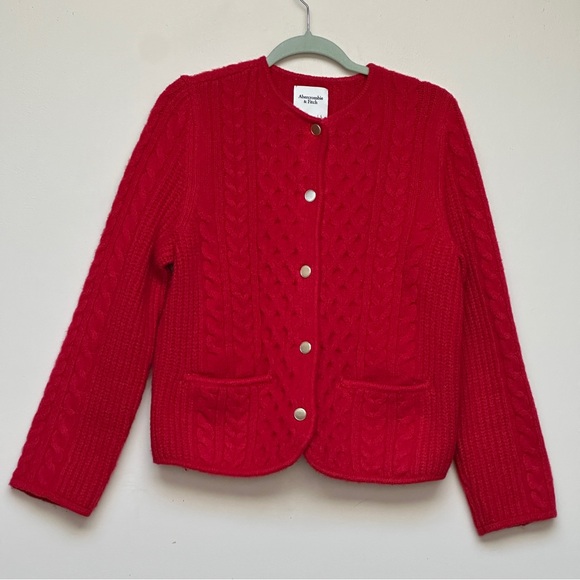 Abercrombie & Fitch Red Cable Knit Sweater Jacket Size Large - Picture 1 of 11